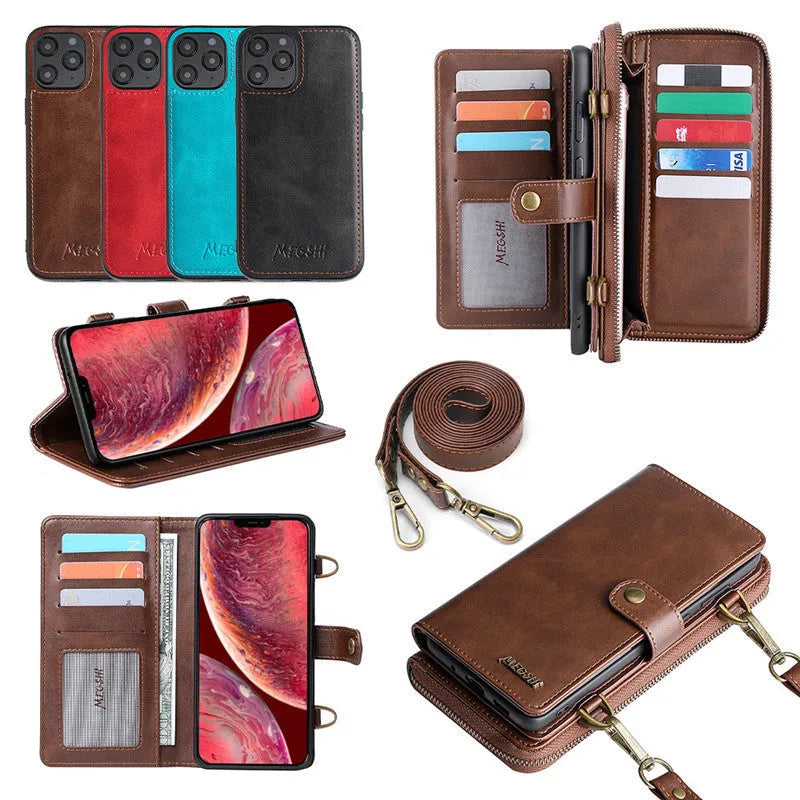 Black leather flip phone case with a magnetic wallet open, showing card slots, next to a smartphone.