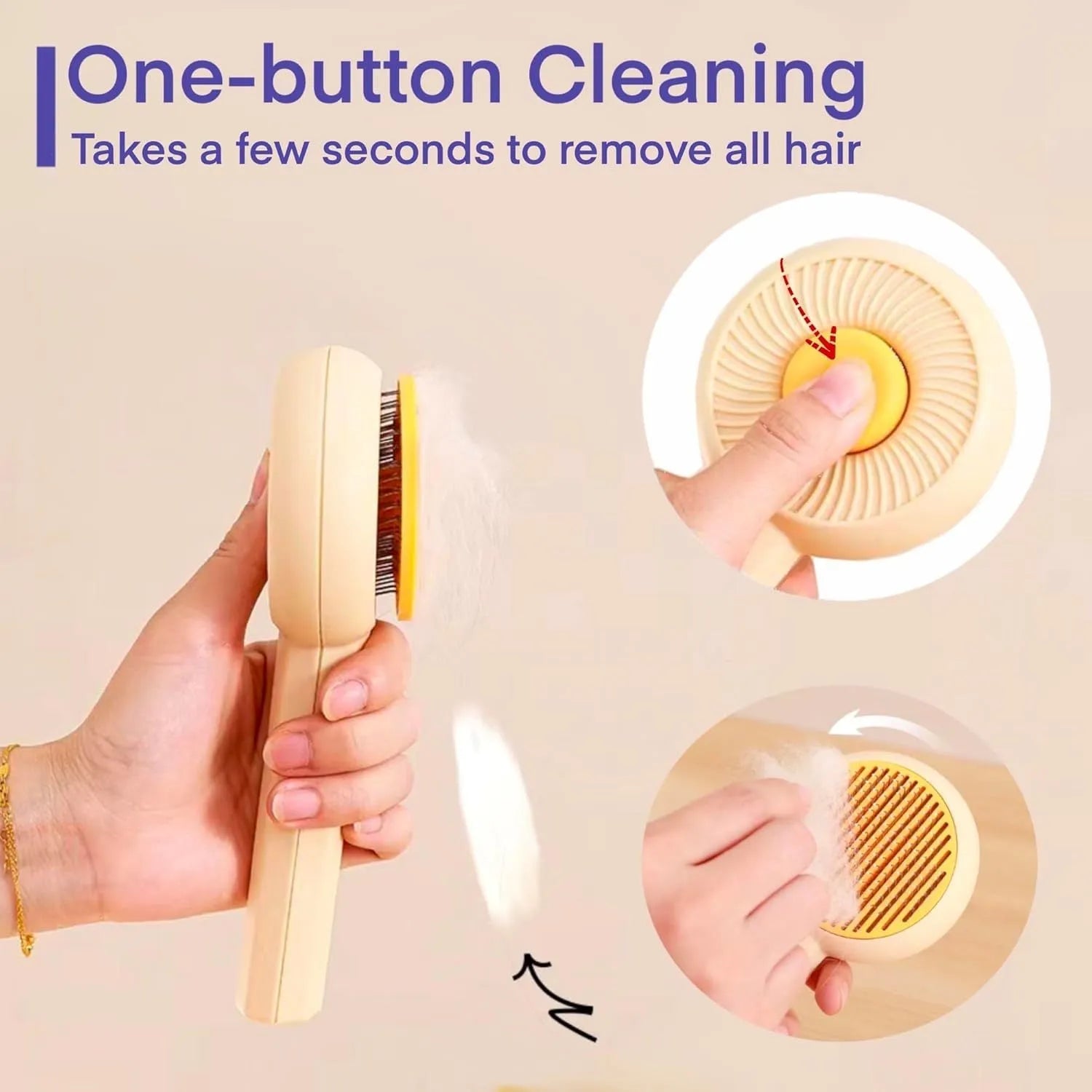 Blue pet grooming brush with metal needles and self-cleaning button for cats and dogs