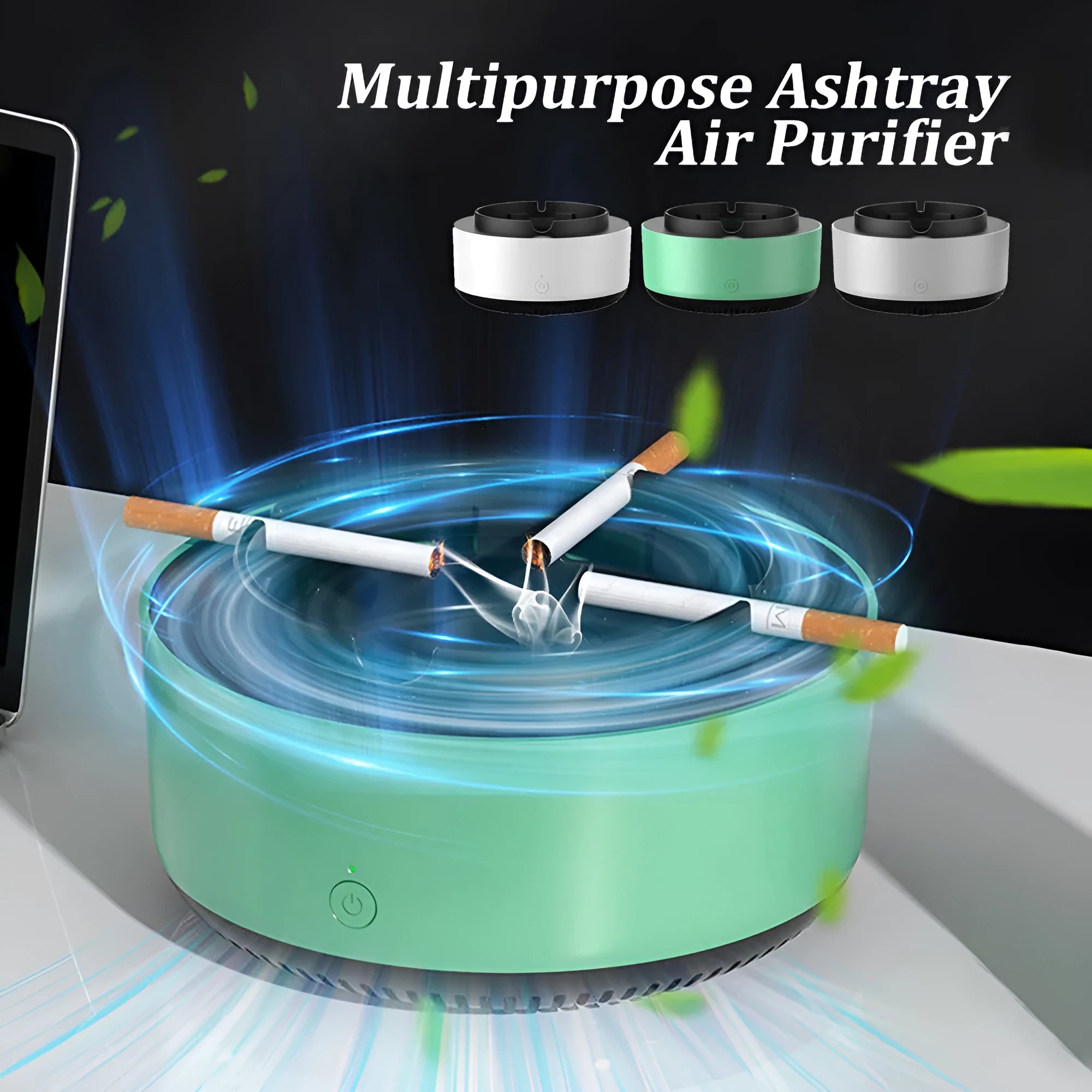 Battery powered smoke removal ashtray in starry sky green with anion purification and tray grooves for cigarette butts
