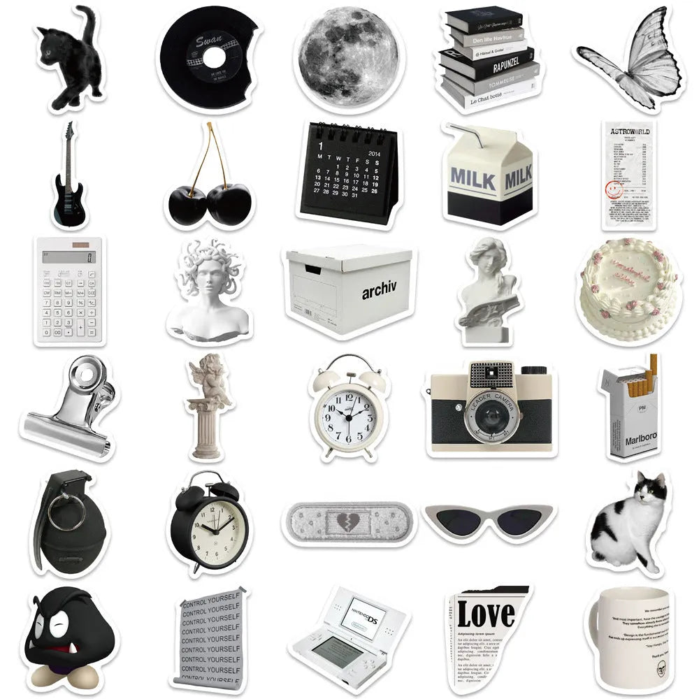 61 black and white PVC waterproof stickers for laptops, phones, and luggage customisation