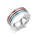 Silver titanium steel ring with rainbow drops of oil pattern and flower shape on white background