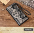 Chinese style embossed floral pattern women's tri-fold wallet in cowhide leather