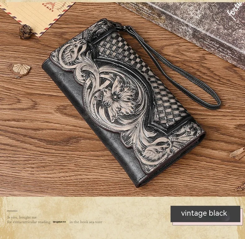 Chinese style embossed floral pattern women's tri-fold wallet in cowhide leather
