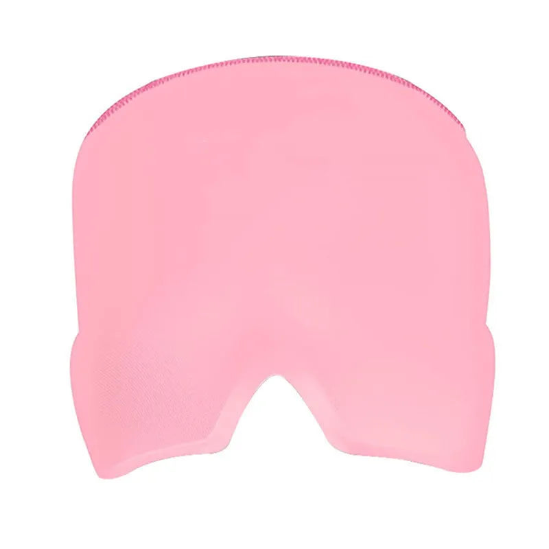 Black migraine relief hat with Lycra elastic cloth and gel pack on head model