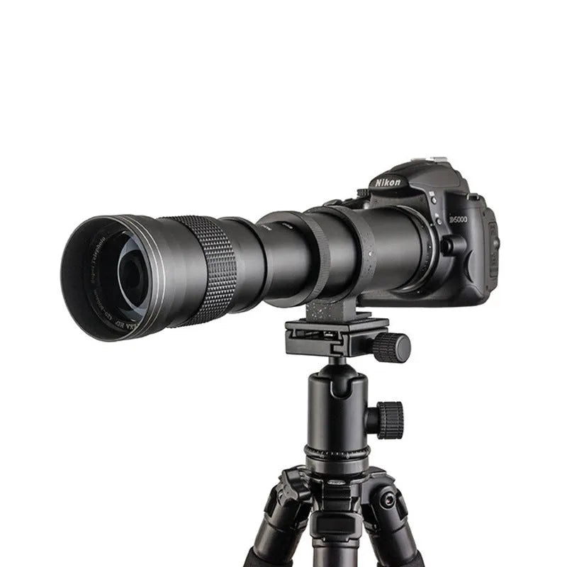 420-800mm manual telephoto zoom adapter lens with collapsed and extended positions showing T-mount connection