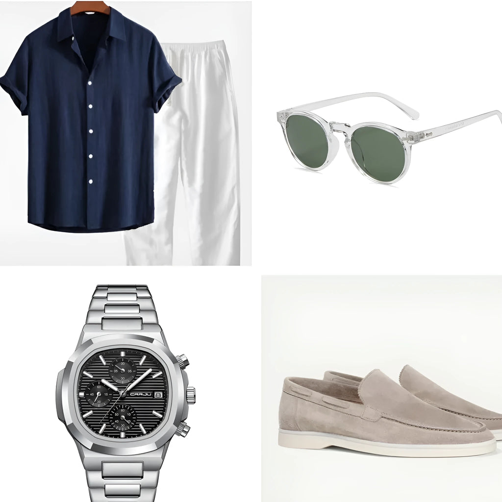 Casual cotton linen short sleeve suit in navy blue with matching accessories including glasses, shoes and watch