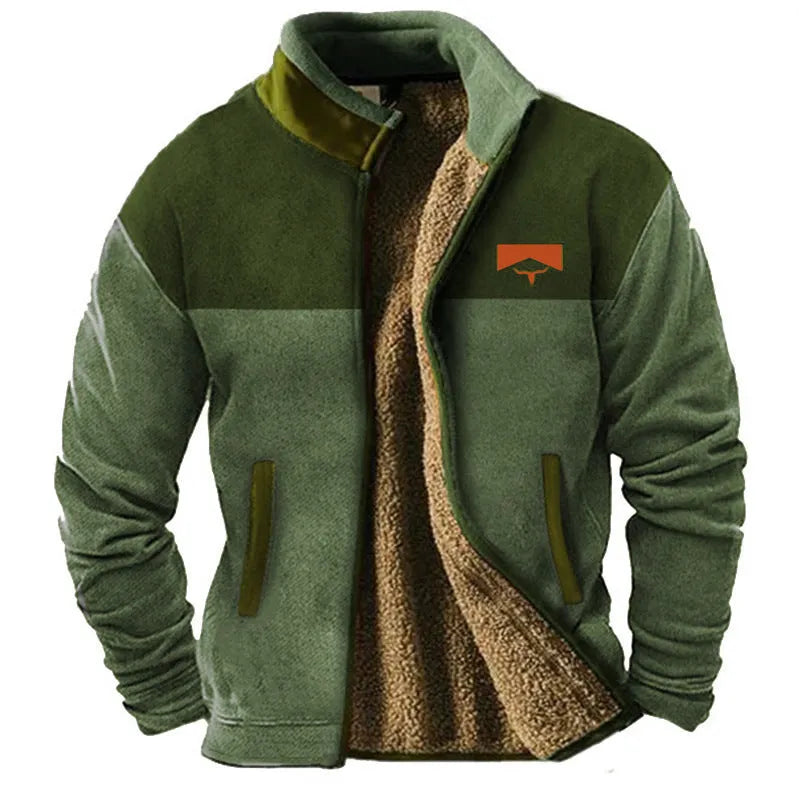 Men's green fleece-padded polyester coat on a hanger, regular fit.