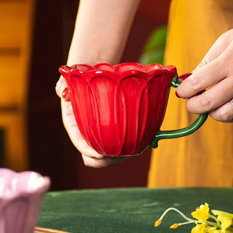 500ml pastoral floral ceramic breakfast cup in red, purple or mixed set