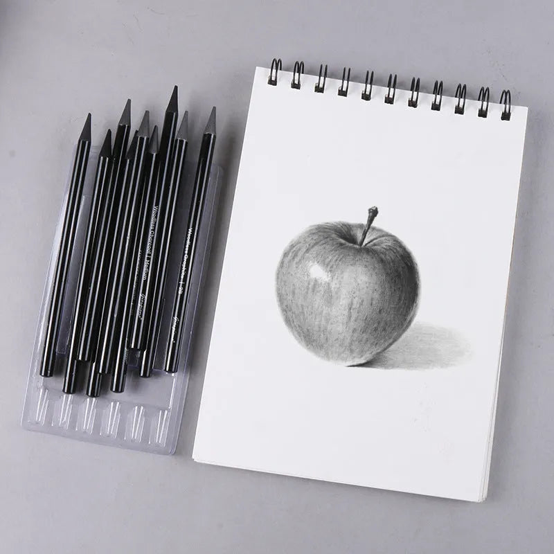 Solid graphite and carbonised artist pencil set with wooden shells for drawing and sketching