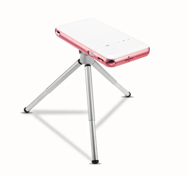 M6S miniature portable Android DLP projector in white rose gold finish showing compact dimensions
