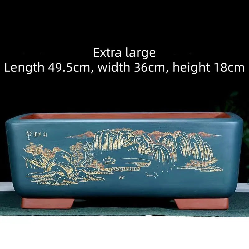 Purple clay rectangle flower pot with banyan tree motif, 40.5x29x14cm, Deep Blue Black