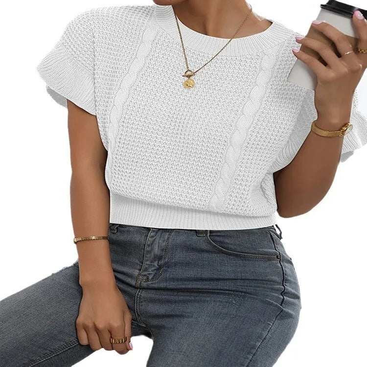 Knitted pullover sweater with ruffled short sleeves in Japanese Korean casual style