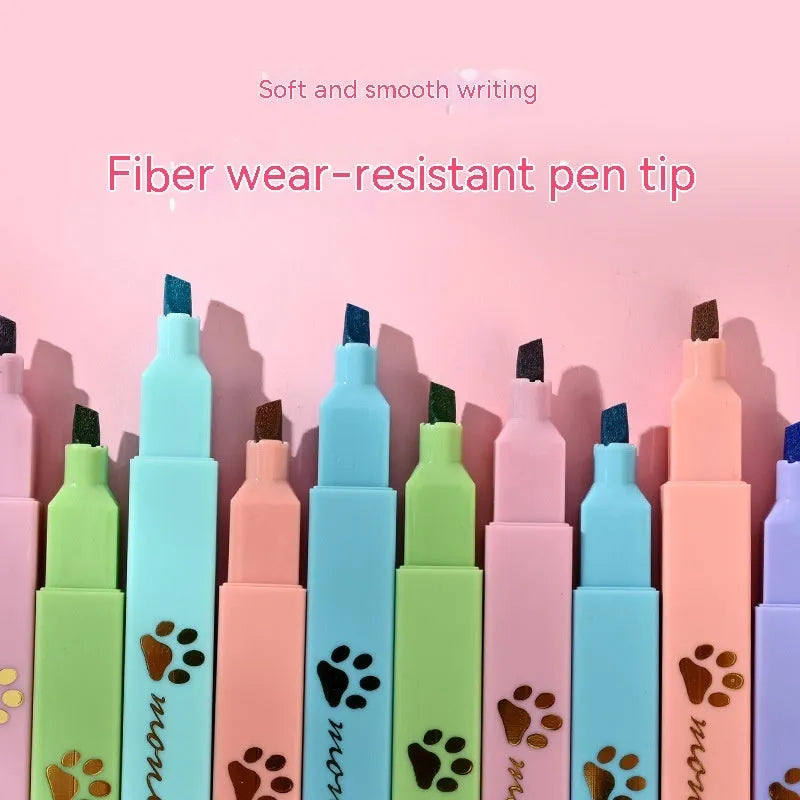 Box of six Cat's Paw fluorescent marking pens with oblique nibs in assorted colours.