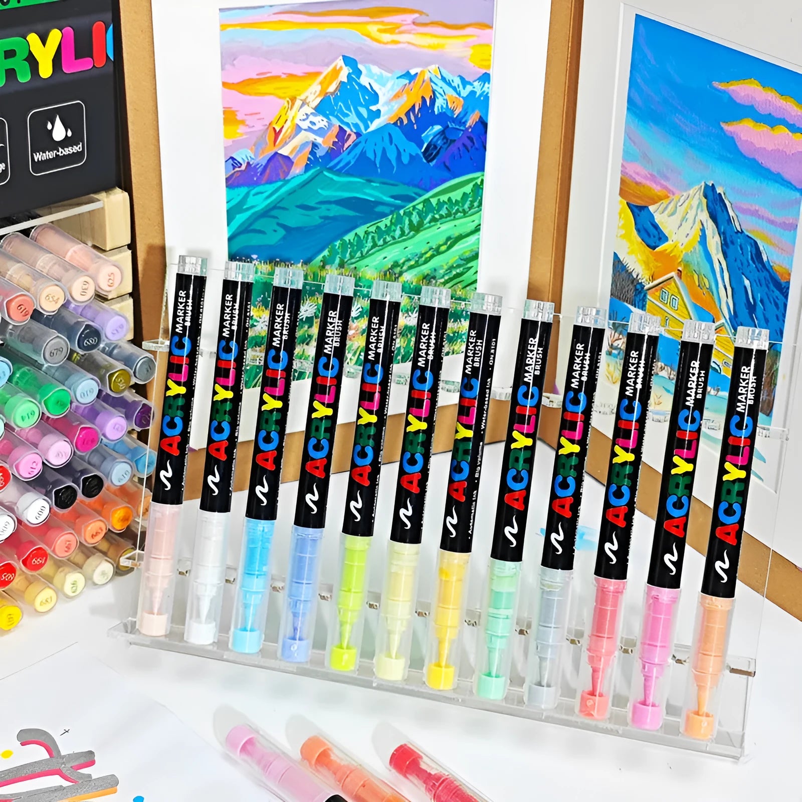 Set of straight liquid acrylic marker pens with soft flexible tips in multiple colour options