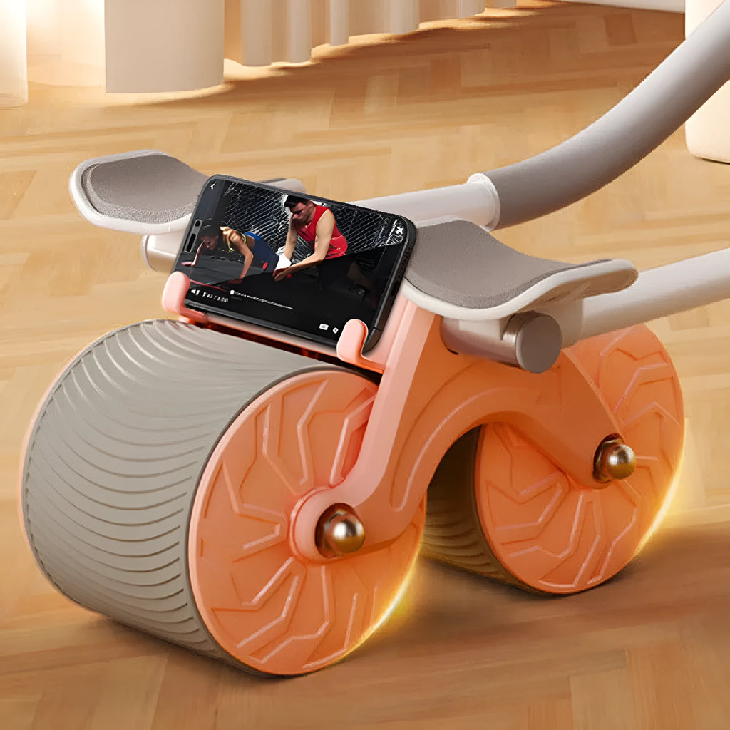 Automatic rebound abdominal exercise wheel and large red and black NBR yoga mat set for core workouts.
