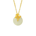 925 sterling silver ginkgo leaf pendant necklace, gold finish, with peace buckle and adjustable 41-50 cm chain on model clavicle