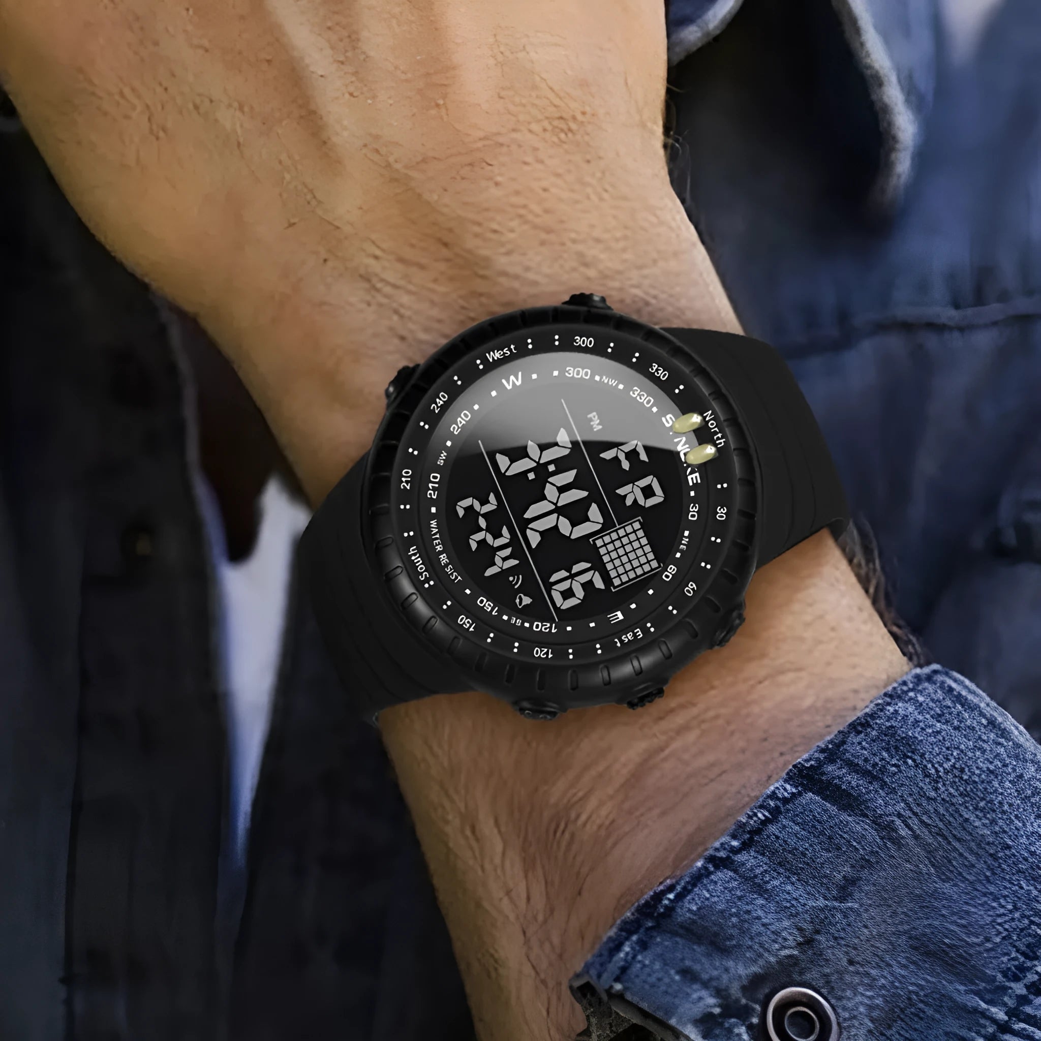 Black men's outdoor electronic watch with 54.74mm dial and WR50M waterproof rating