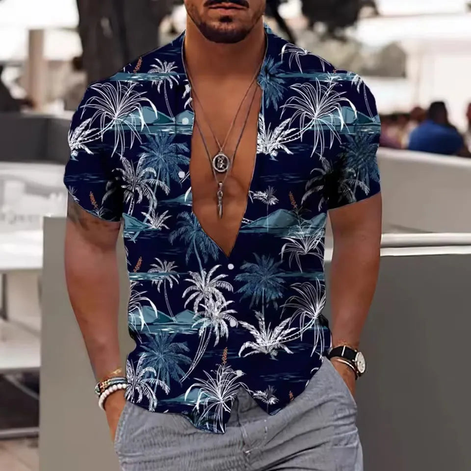 Men's loose fit floral printed beach shirt cardigan with short sleeves for summer wear
