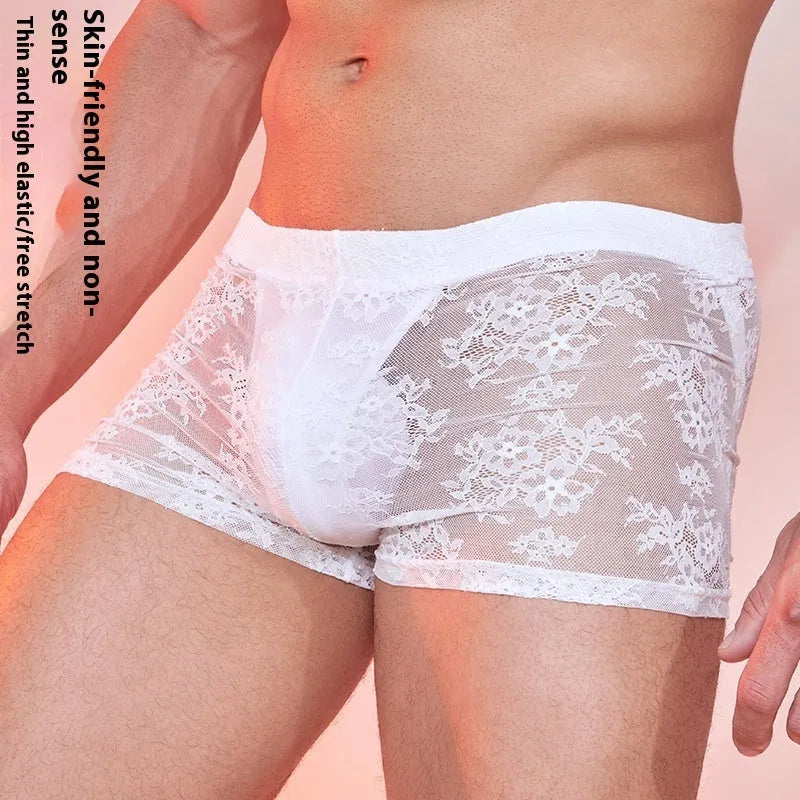 Men's nylon lace boxer shorts in free size fit, showing black, white, and red colour options