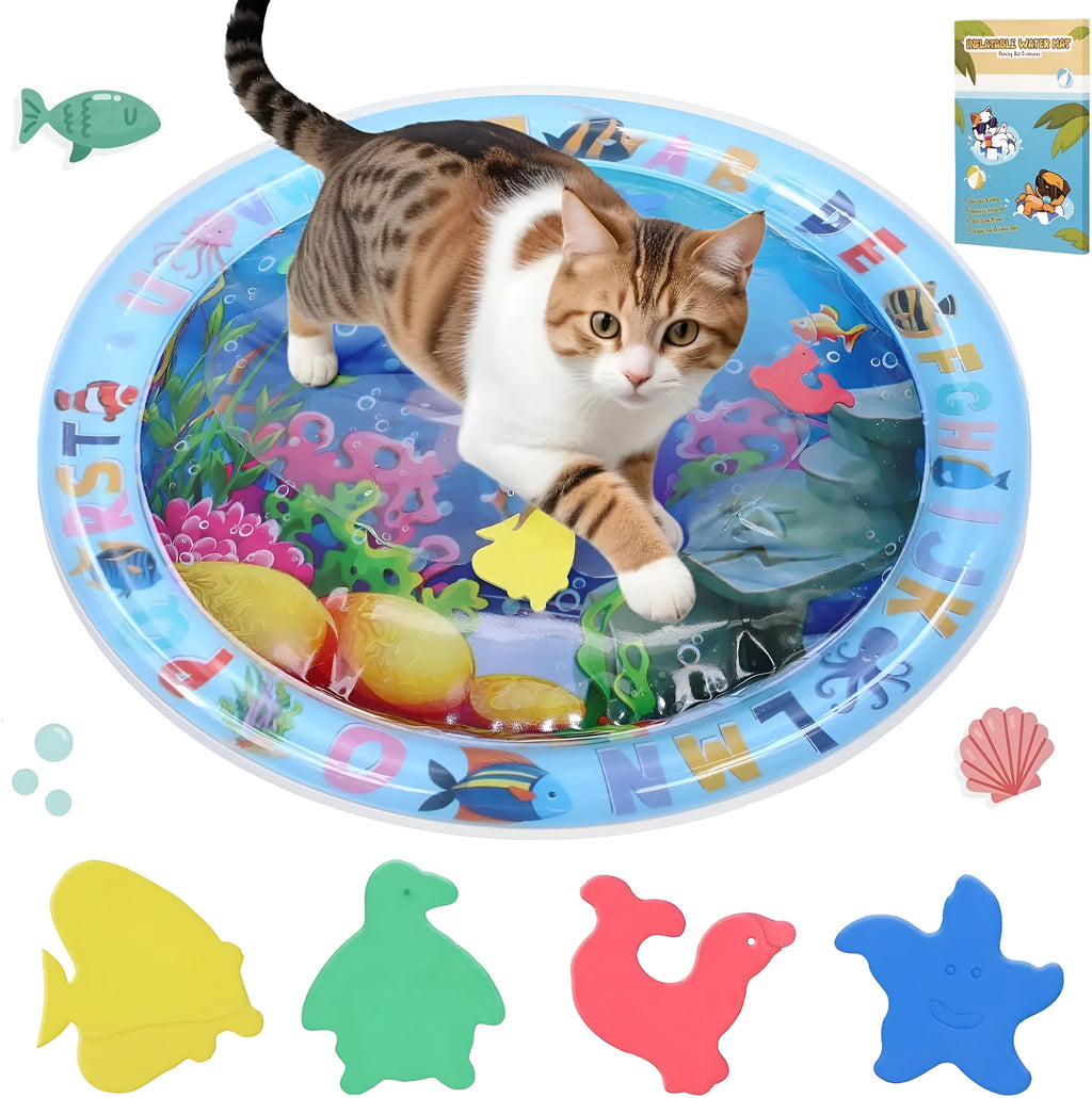 Thickened PVC water playmat for cats and dogs on floor with floating fish toys inside.