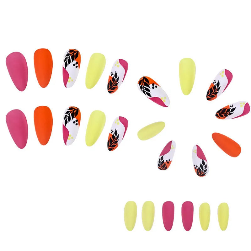 Four almond-shaped nail sticker designs with frosted finish including French leaves and gradient leopard patterns