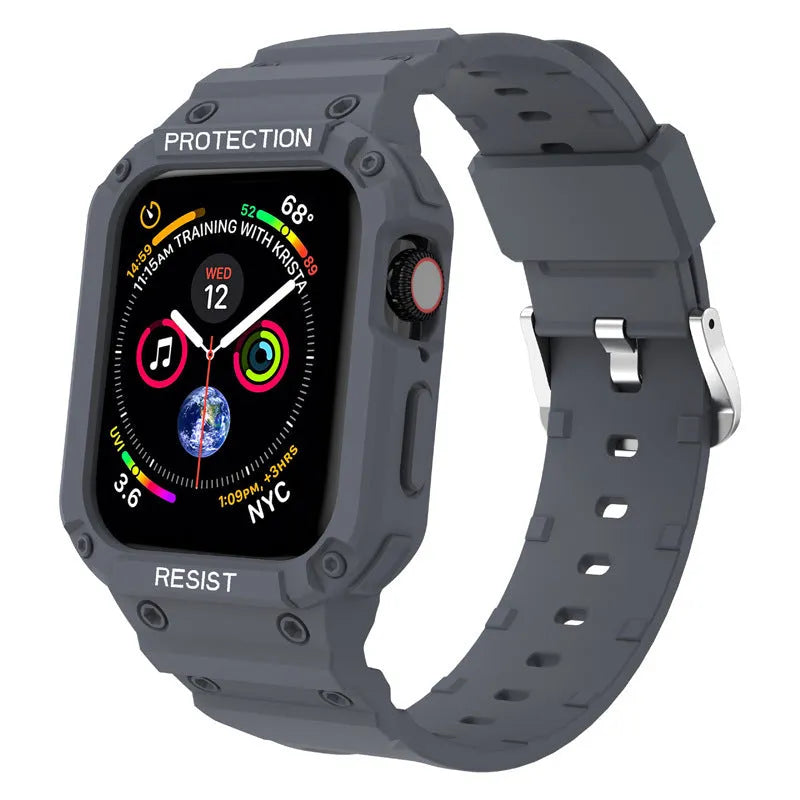 Soft TPU Apple Watch sport strap in multiple colours on a white background, showing 38mm and 42mm size options.