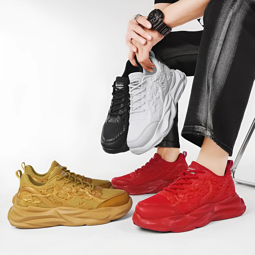 Men's casual sneakers with micro-fibre knit upper and rubber soles in dragon design colours