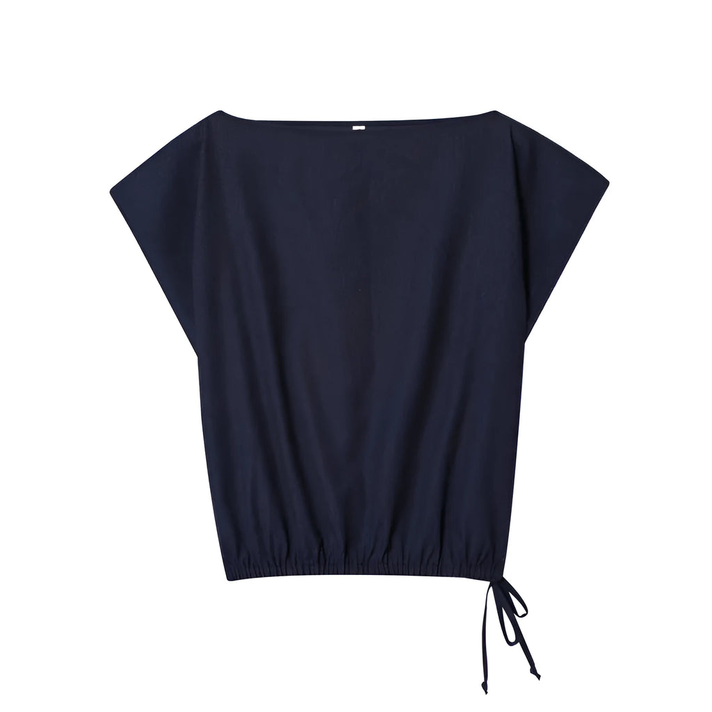 Women's linen-blend shirt with flounced sleeves and matching wide leg trousers in a two-piece commute wear set