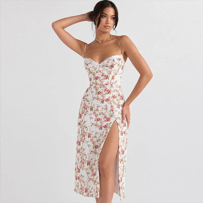 Women's lace floral print long dress with suspender straps and side slit in blue colour