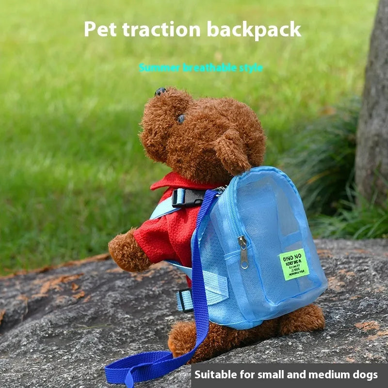 Blue breathable mesh dog backpack for small pets with adjustable shoulder straps.