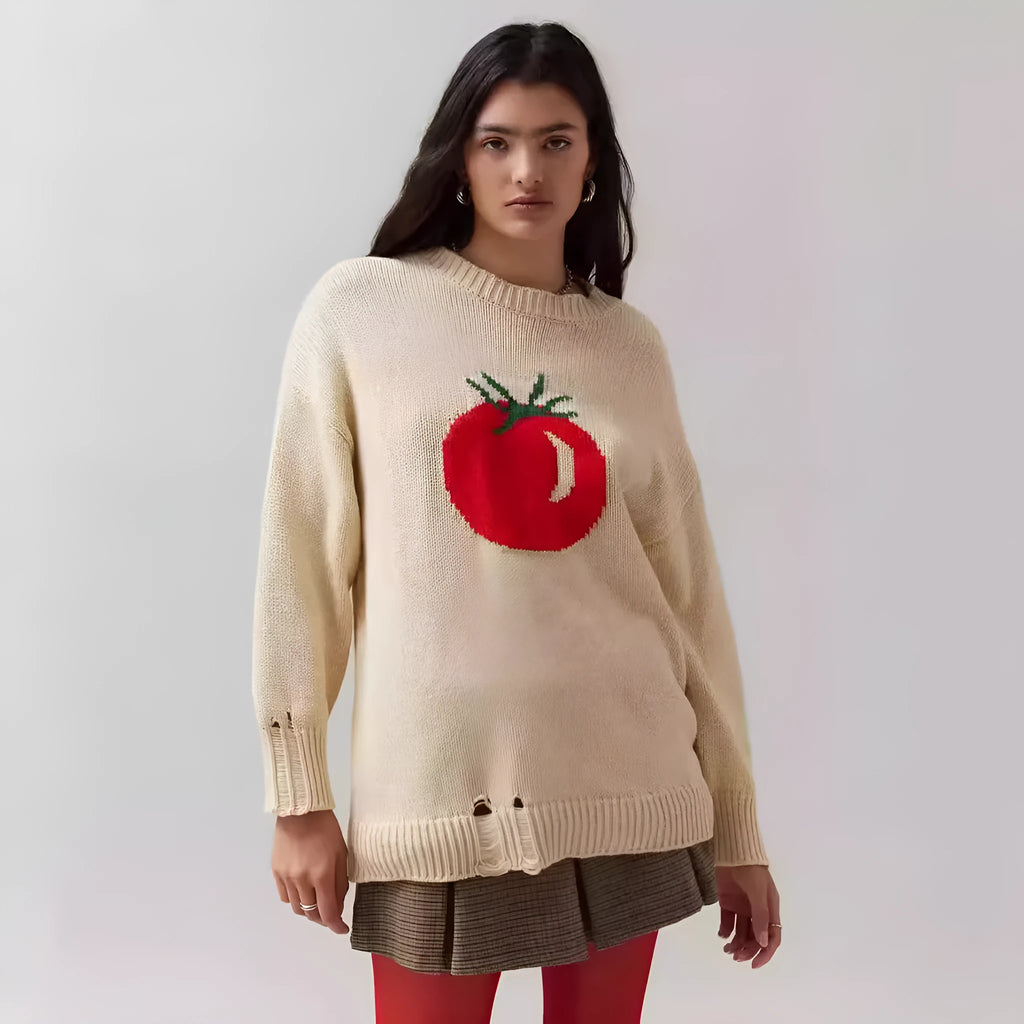 Women's milky white loose-fit acrylic jumper with jacquard knitting detail on front.