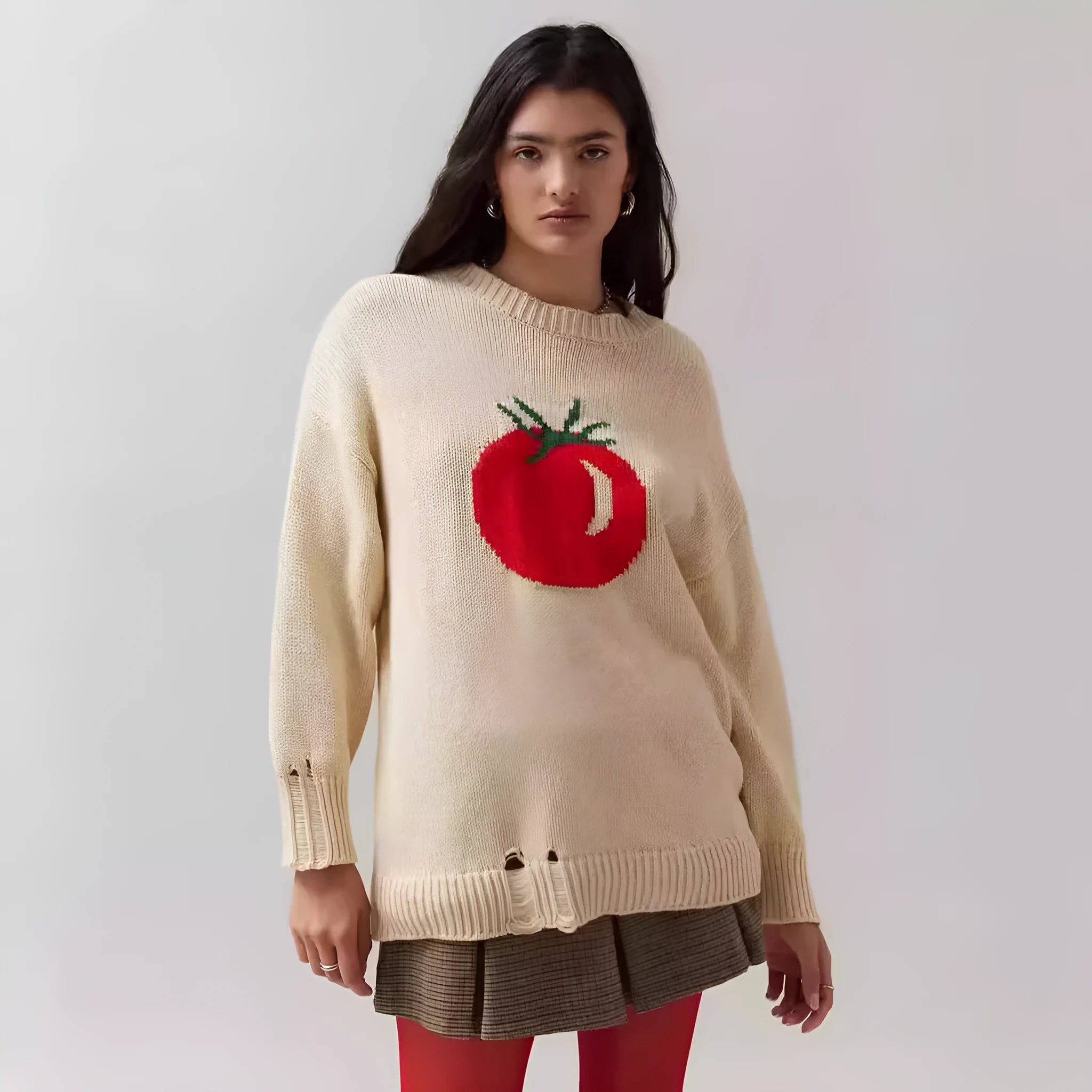 Women's milky white loose-fit acrylic jumper with jacquard knitting detail on front.