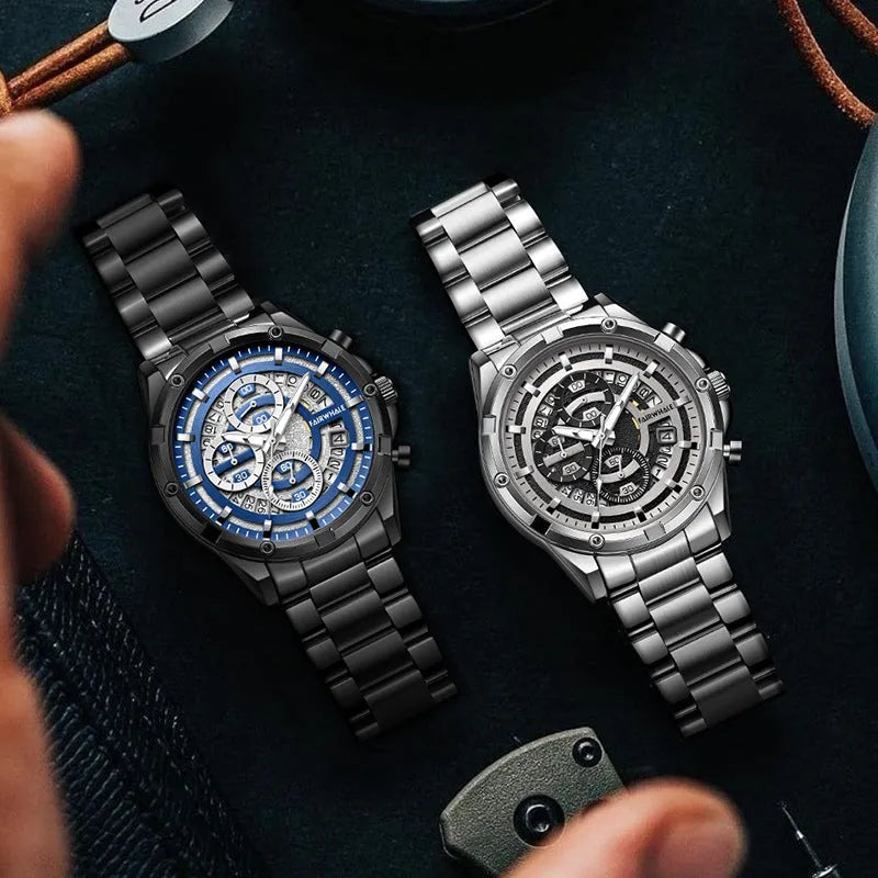 Men's stainless steel casual watch with luminous hands on wrist, showing blue dial and black case option.
