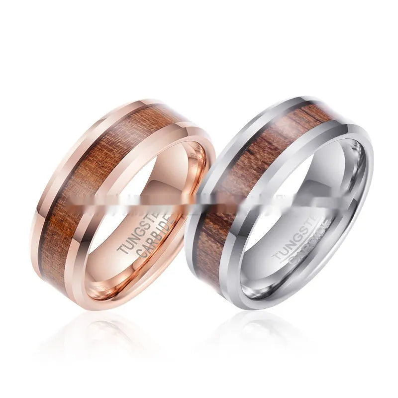 Men's tungsten ring with 8mm wide band featuring wood and leather inlay, shown in rose gold finish.