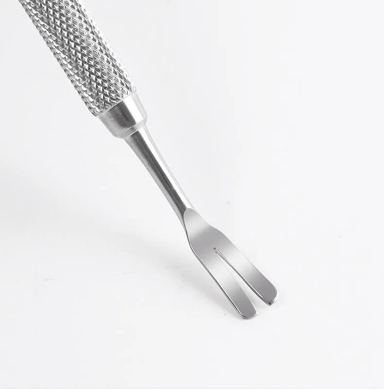 Three silver stainless steel tick clips with grate-style heads for pet parasite removal