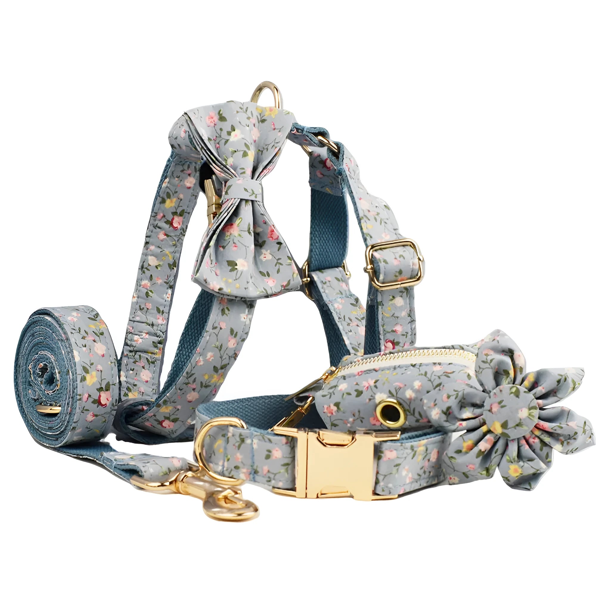 Blue floral polyester cotton dog collar set with matching leash, vest, poop bag, and decorative bow