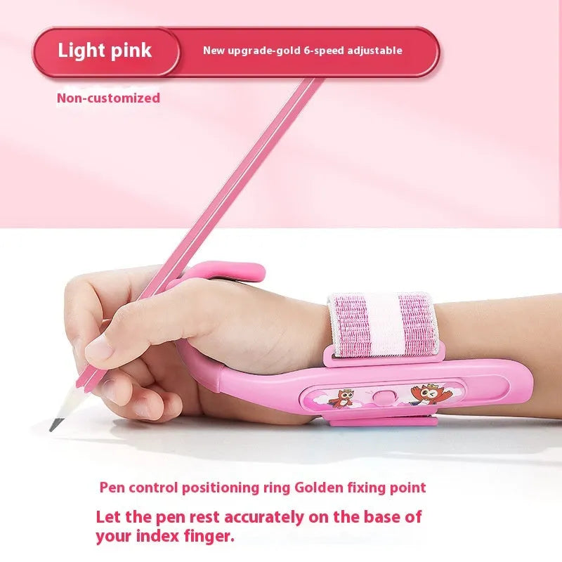 Blue anti-hook wrist brace pen corrector for children's handwriting posture on a desk.