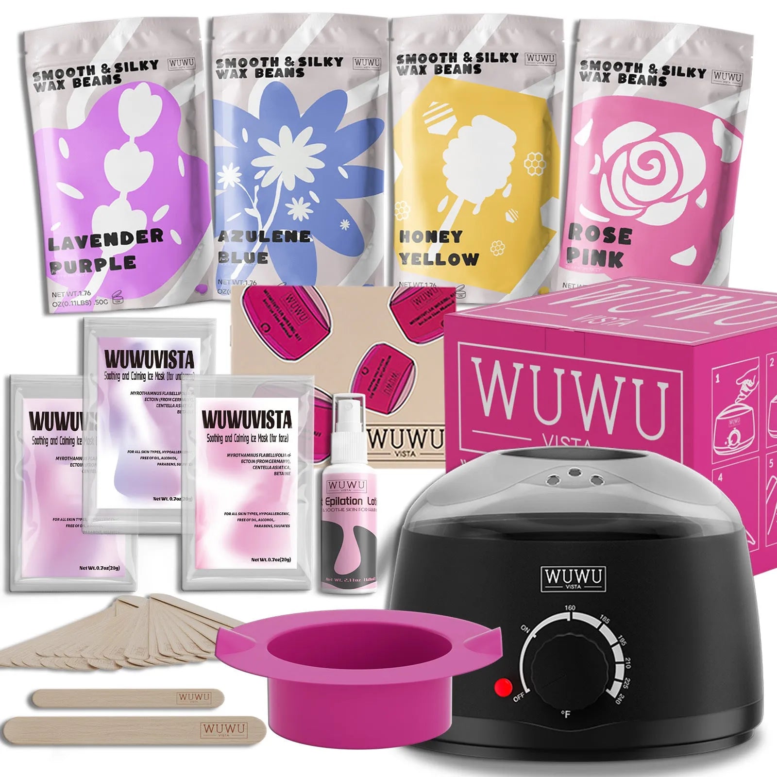 29-piece waxing gift set with compact wax warmer, wax beads, facial and body sticks, aftercare lotion and ice masks