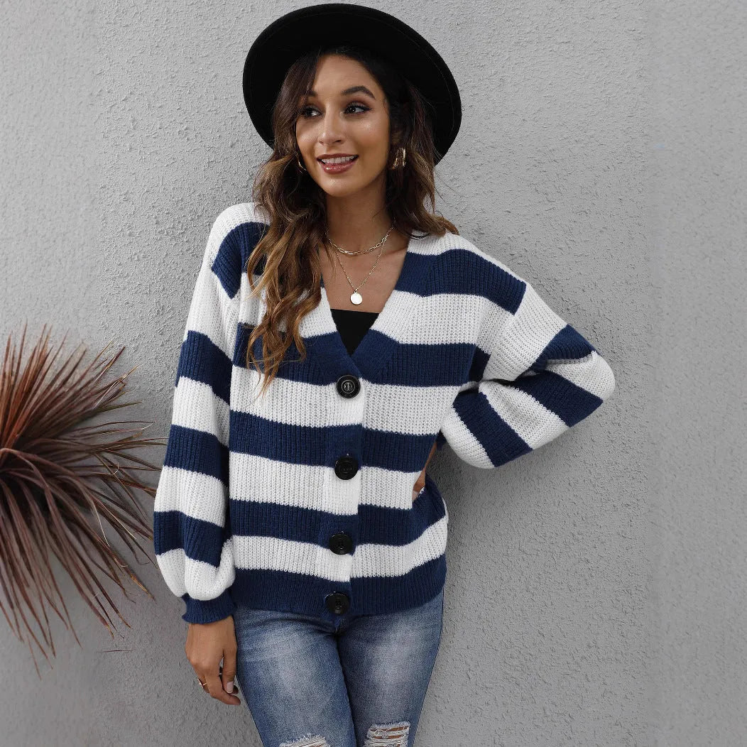 Women's striped deer plush polyester cardigan sweater with button stitching front