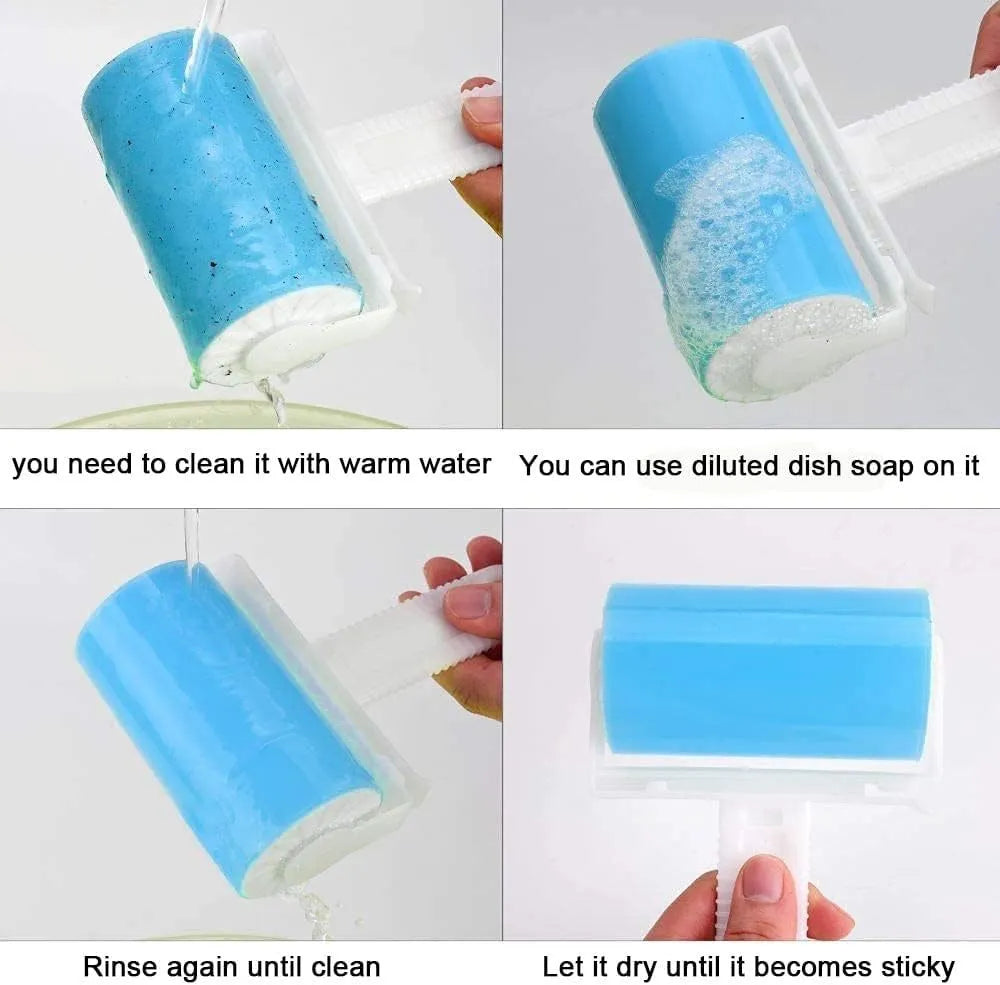 Blue washable reusable lint roller with cover for removing pet hair from clothes
