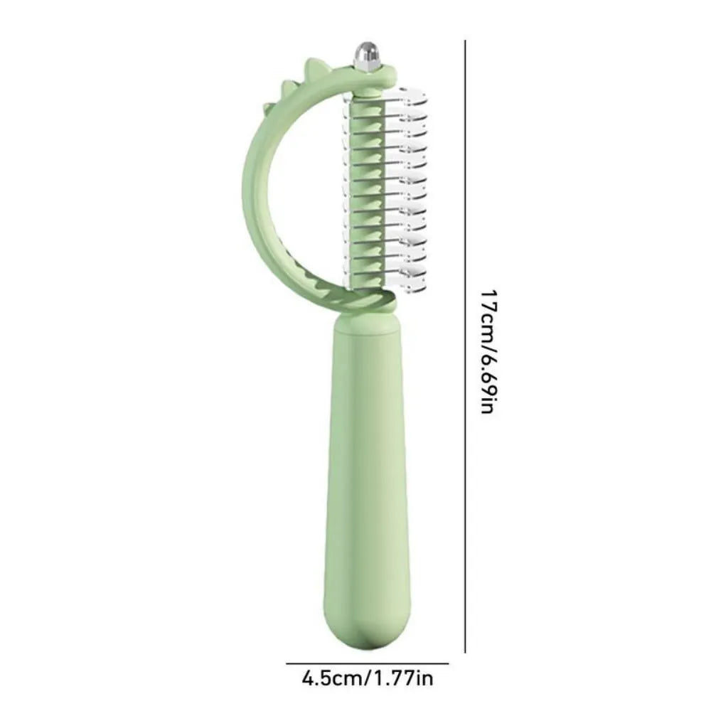 Dinosaur-shaped self-cleaning cat brush with double-sided grooming functions in blue colour