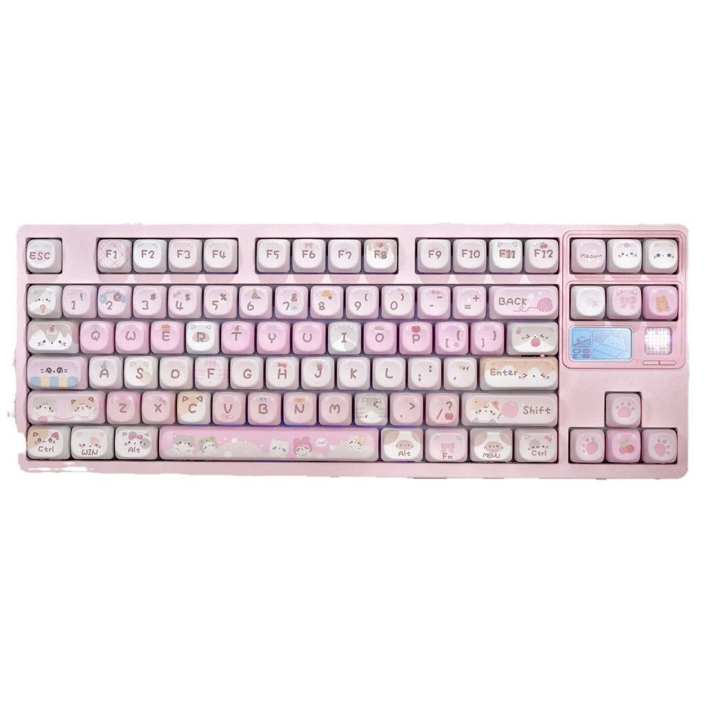 MOA height pink sublimation keyboard keycap set with cartoon design, shown on a keyboard.