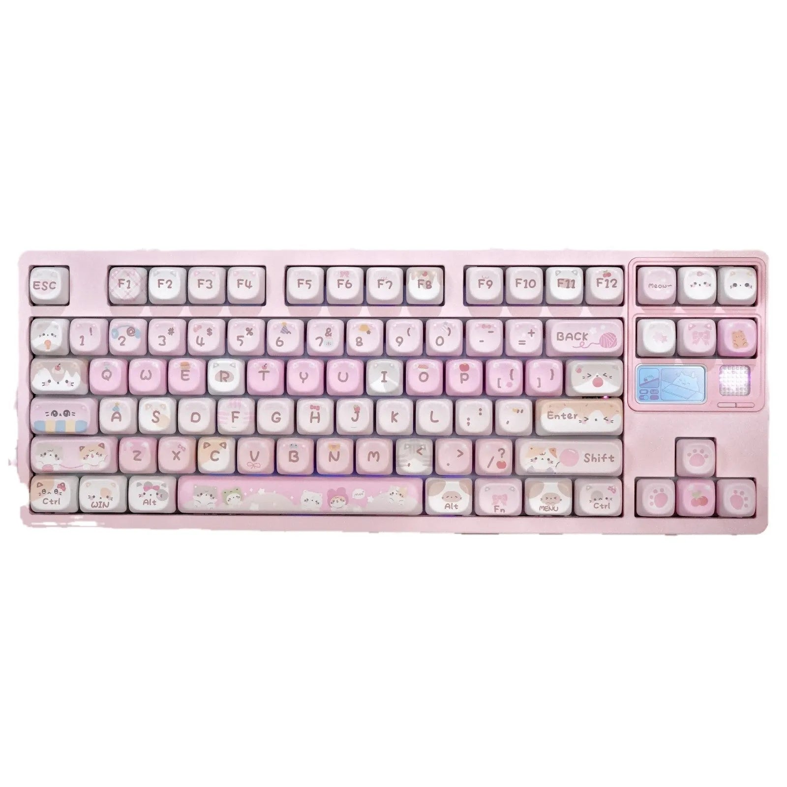 MOA height pink sublimation keyboard keycap set with cartoon design, shown on a keyboard.