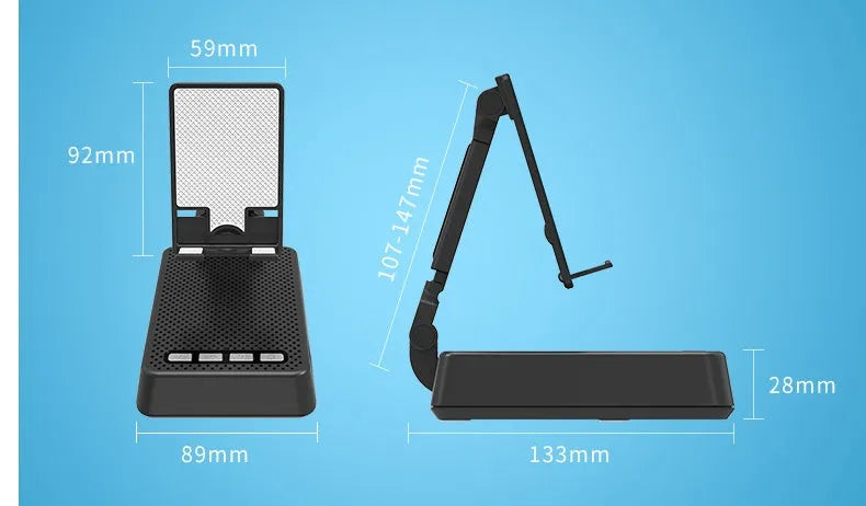 Black mobile phone broadcasting stand with integrated Bluetooth speaker on a desk.