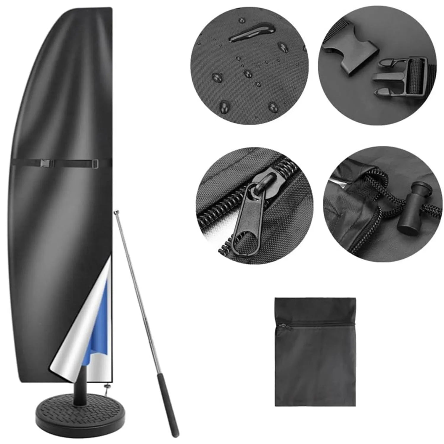 Black and grey Oxford cloth outdoor umbrella covers for patio furniture in various sizes.