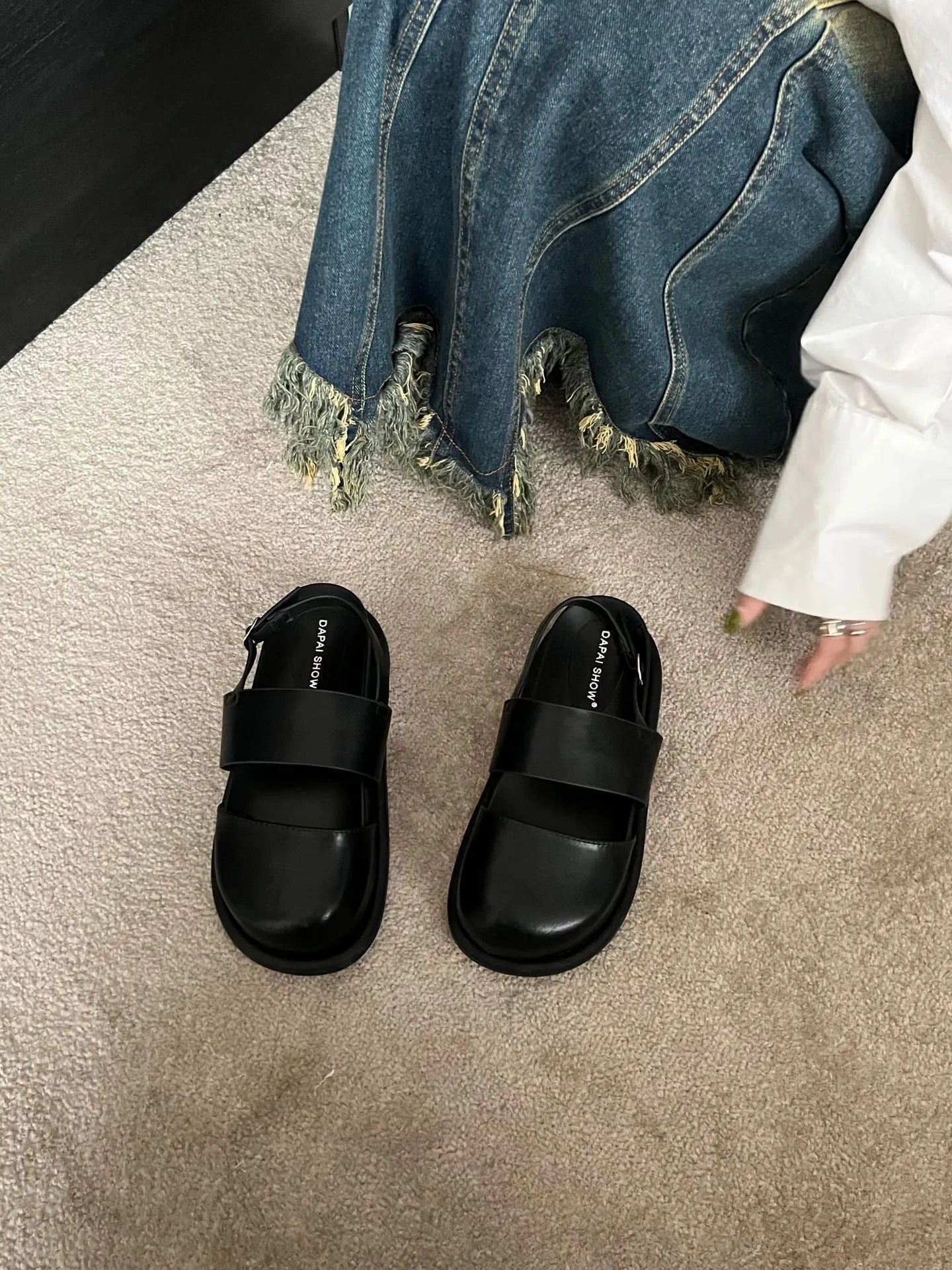 Korean style closed toe sandals with an ankle strap buckle in black, brown, and apricot colours.
