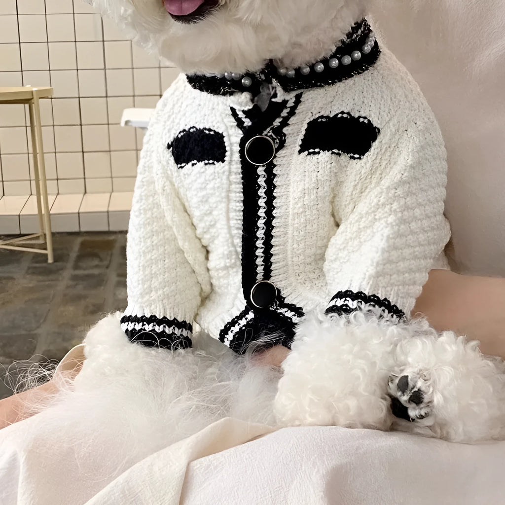 Korean style white puppy sweater with pearl collar for small dogs