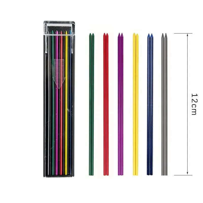 Plastic case containing 12 pieces of 0.5mm erasable mechanical pencil lead refills in rainbow and standard colours