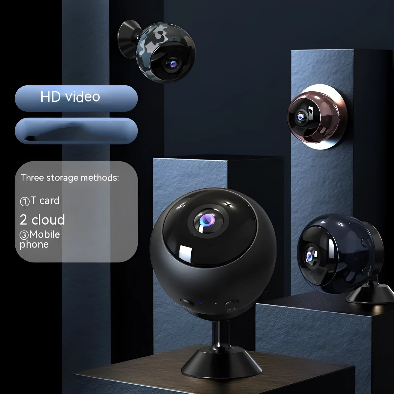 1080p wireless WiFi security camera in ABS plastic housing with USB cable