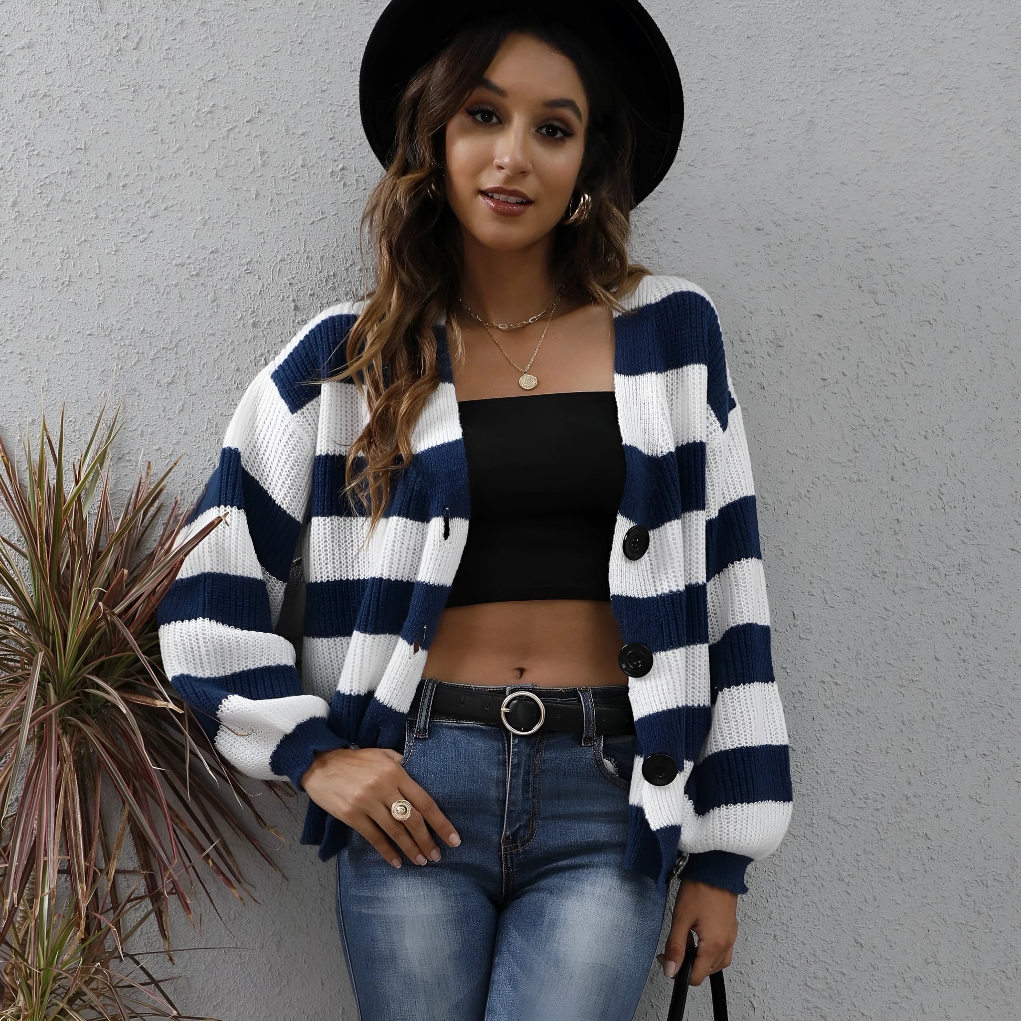 Women's striped deer plush polyester cardigan sweater with button stitching front
